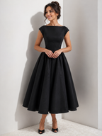 Women's Midi Dress with Cap Sleeves and Boat Neck