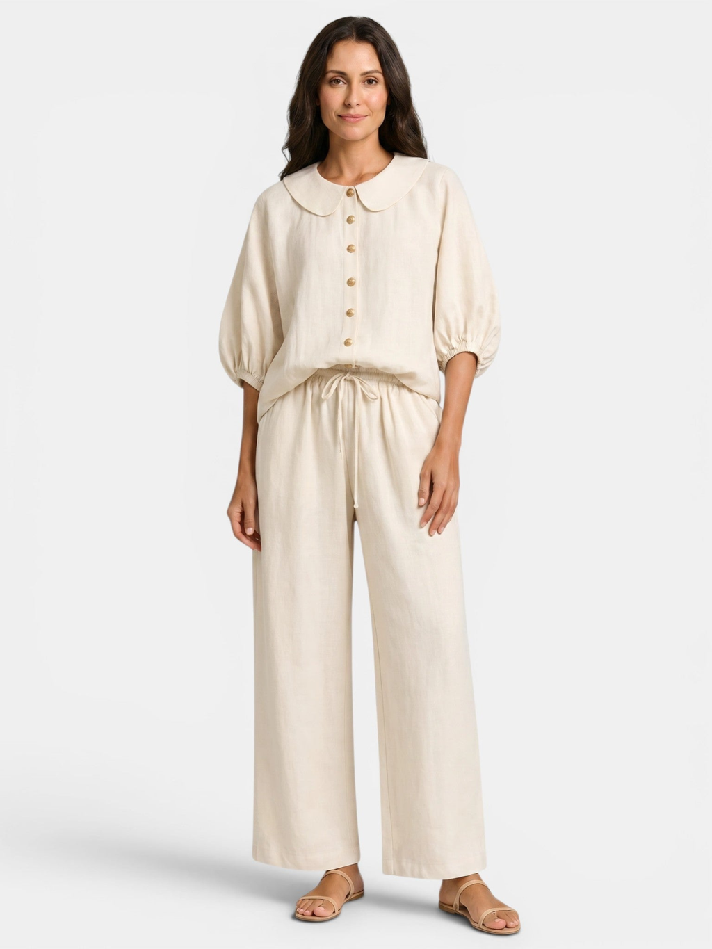 Women’s Peter Pan Collar Blouse and Wide-Leg Trousers Set
