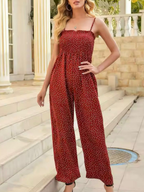 Women’s Polka Dot Wide-Leg Jumpsuit – Smocked Bodice with Shoulder Straps