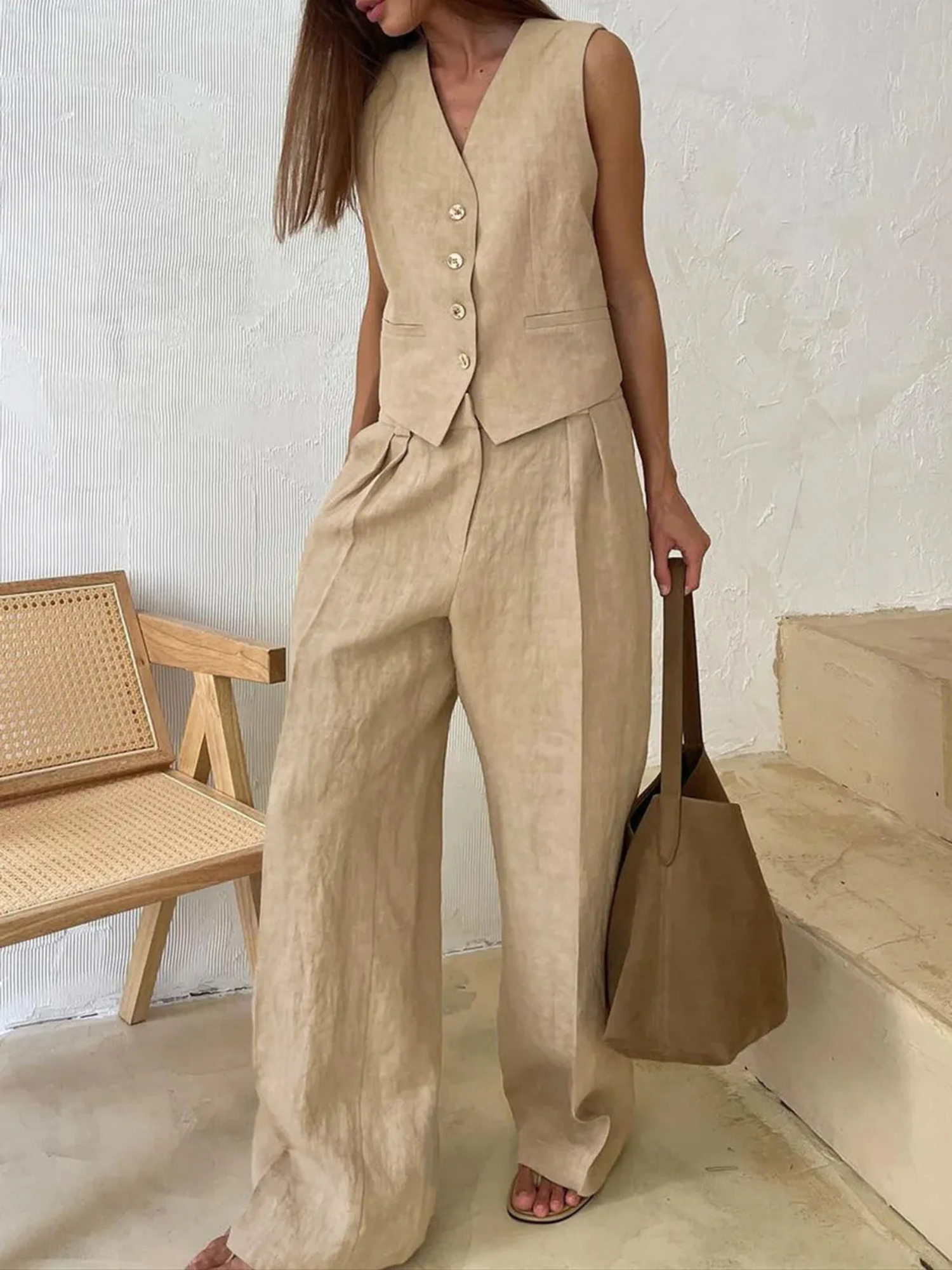 Women’s Sleeveless Button Front Vest & High-Waist Wide-Leg Trouser Set