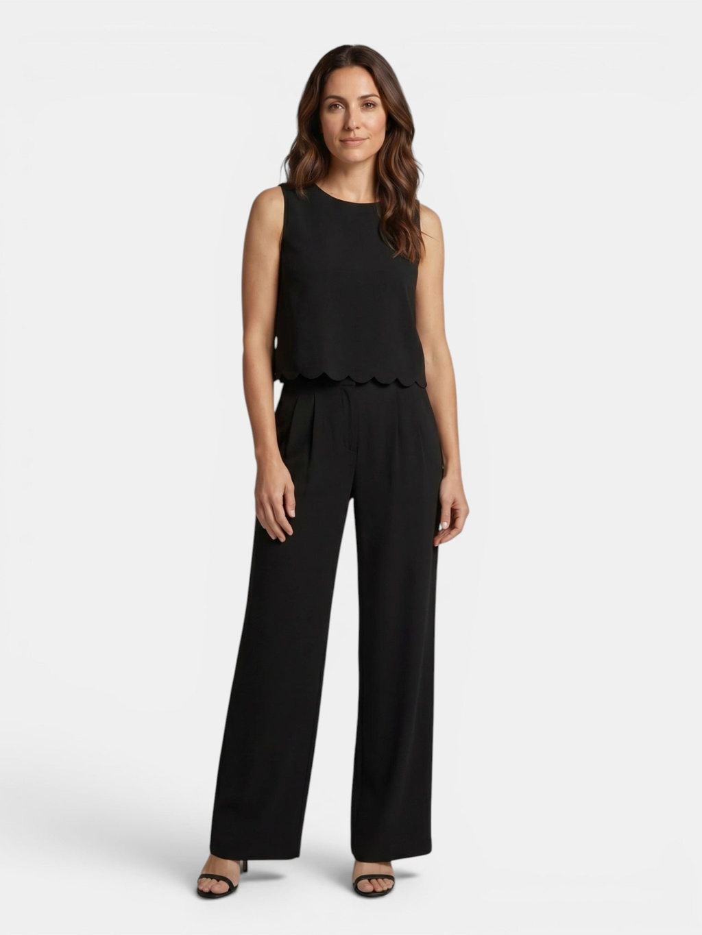 Women’s Sleeveless Scallop Hem Top and Wide-Leg Trousers Set
