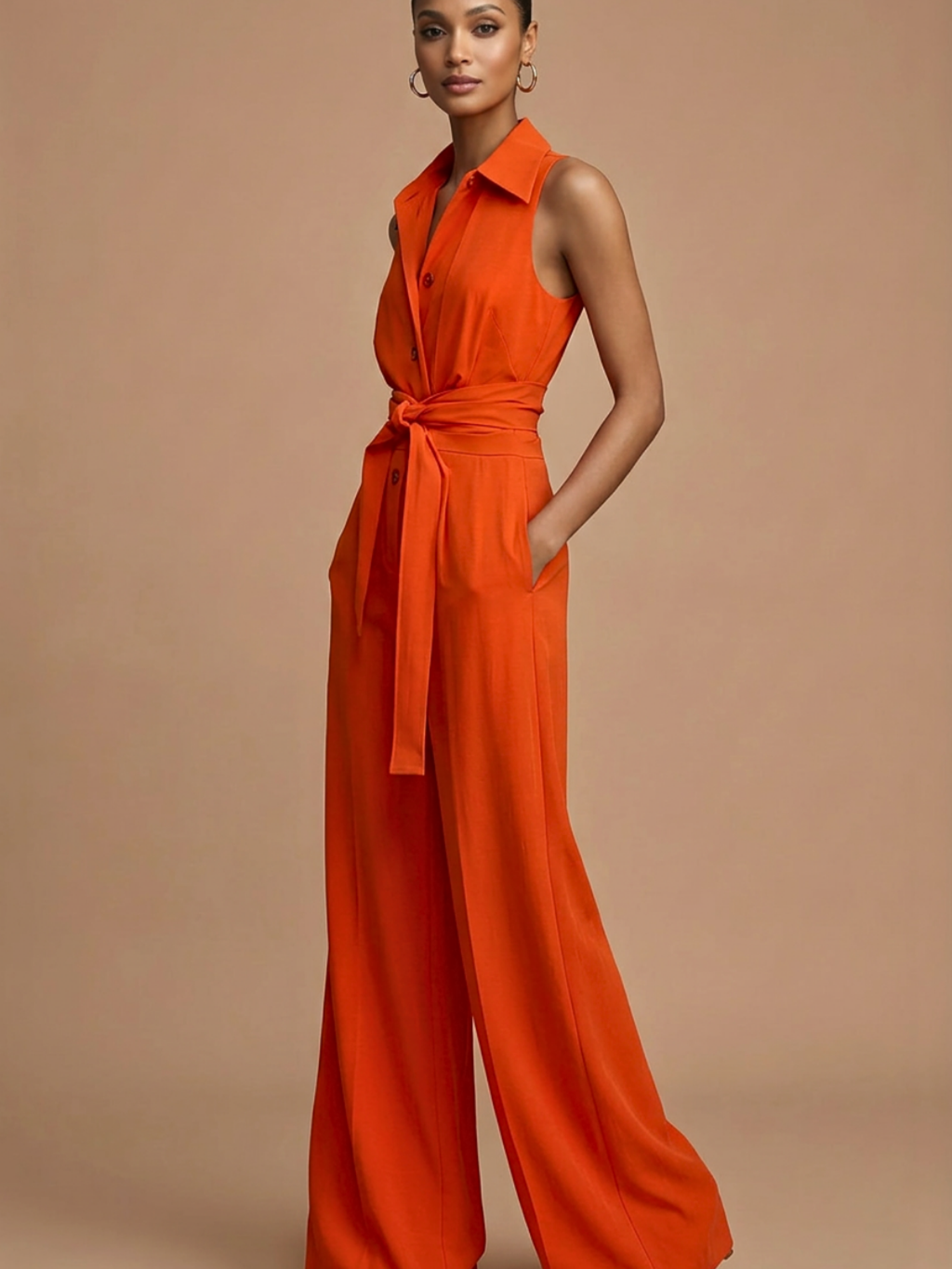 Women’s Sleeveless Wide-Leg Jumpsuit – Collar Neck – Button Front – Waist Tie