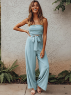 Women’s Strapless Bandeau Two-Piece Set – High-Waist Wide-Leg Trousers with Self-Tie Detail