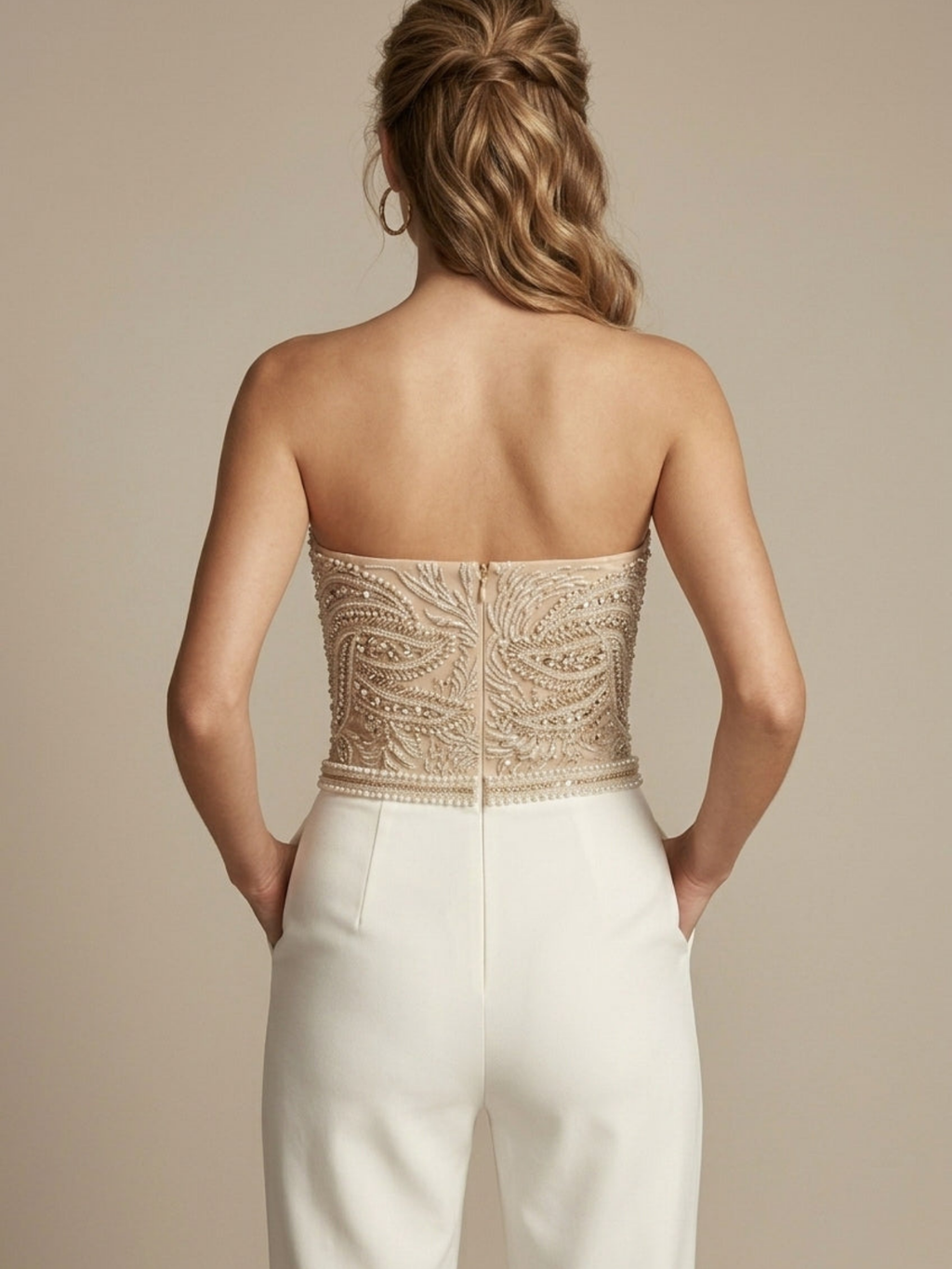 Women’s Strapless Sweetheart Neck Jumpsuit with Sequin Embellished Bodice and Straight-Leg Trousers