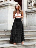 Women’s Tiered Maxi Skirt – High-Waist Elasticated Multi-Layer Design