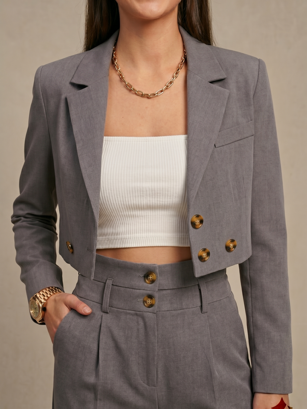 Women’s Two-Piece Suit Set – Grey Cropped Blazer – High-Waist Wide-Leg Trousers