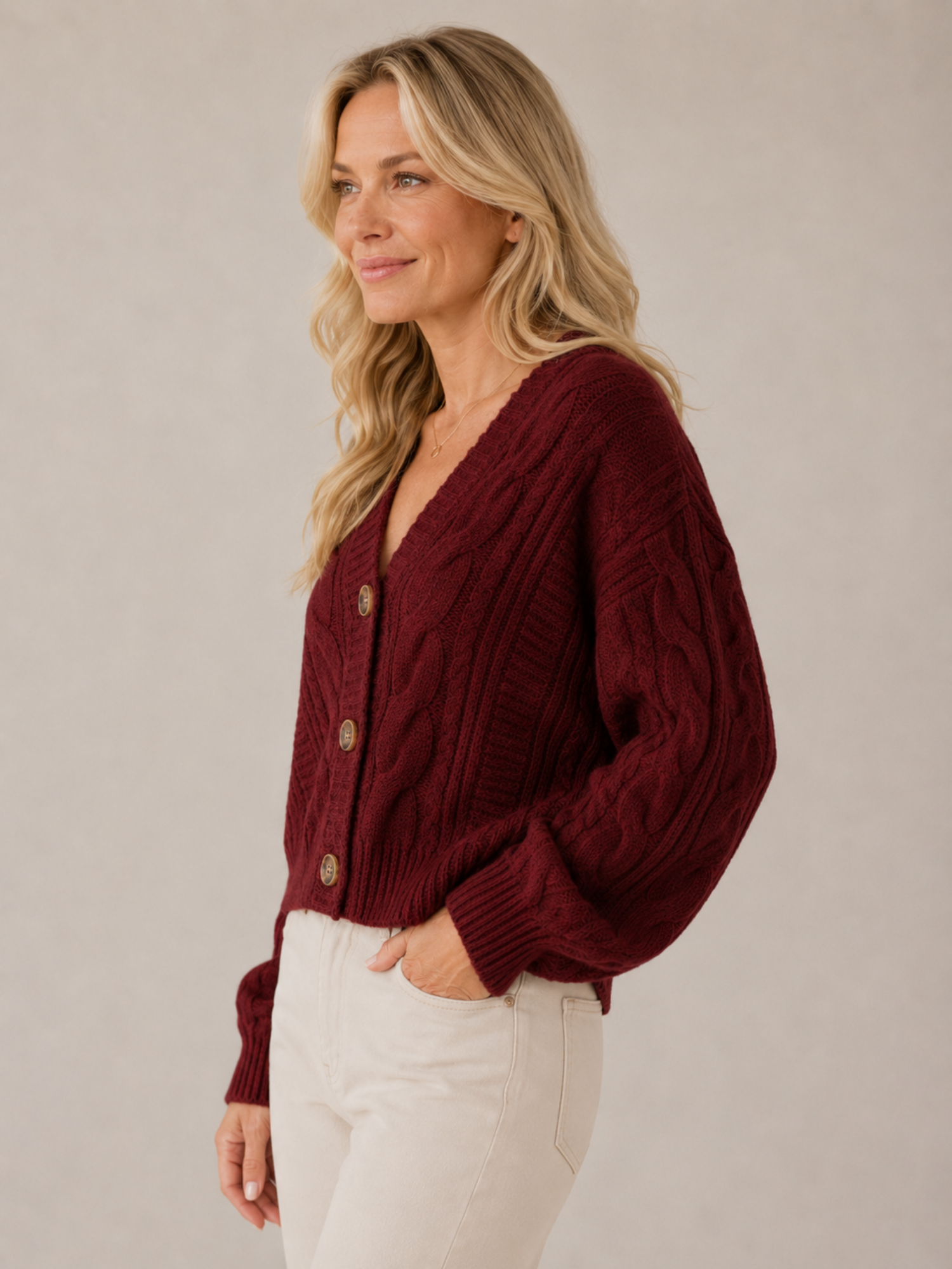Women’s V-Neck Cardigan – Button-Front Closure, Long Sleeve, Relaxed Fit