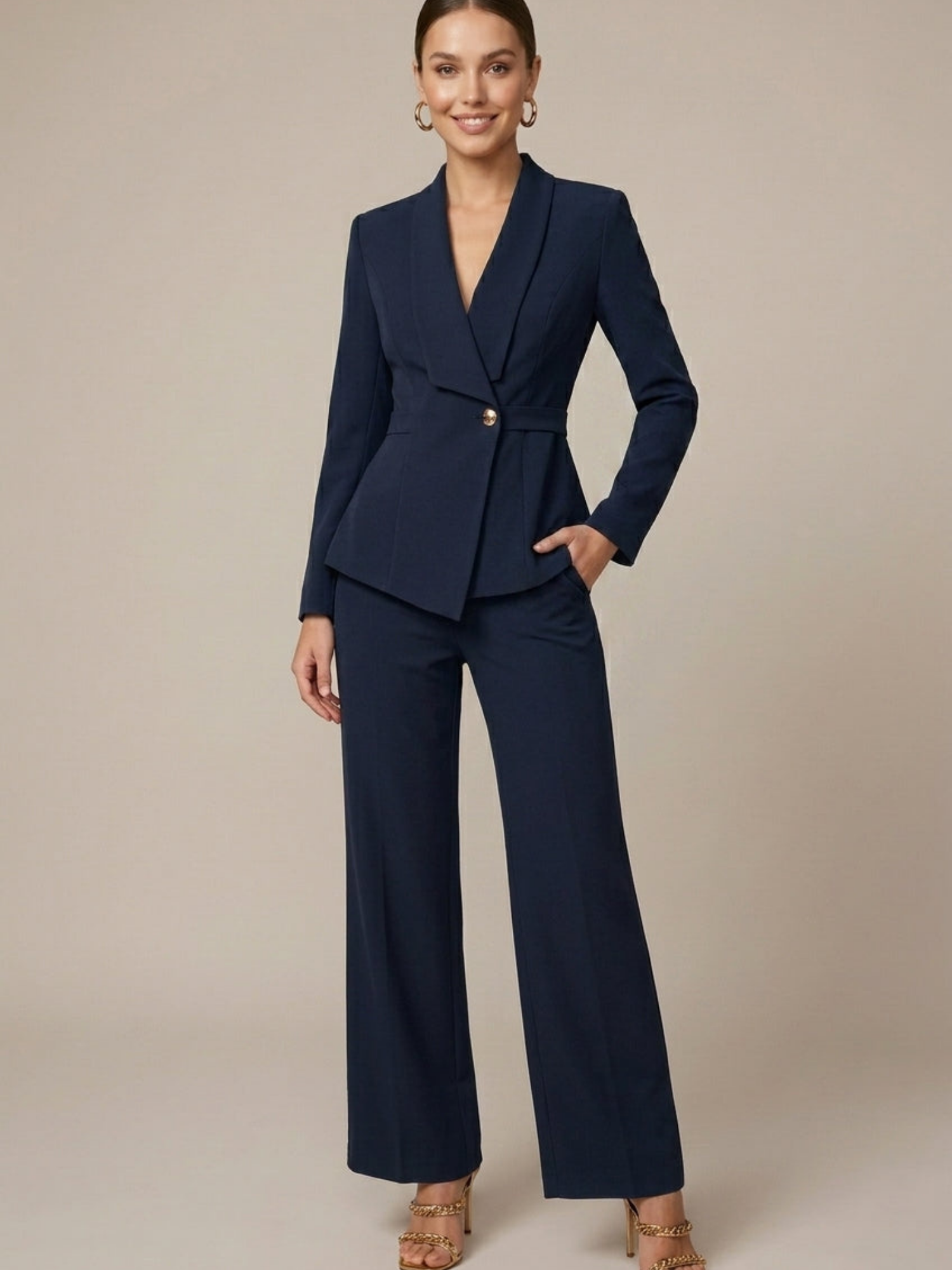 Women’s V-Neck Long Sleeve Top & Wide-Leg Trouser Two-Piece Set
