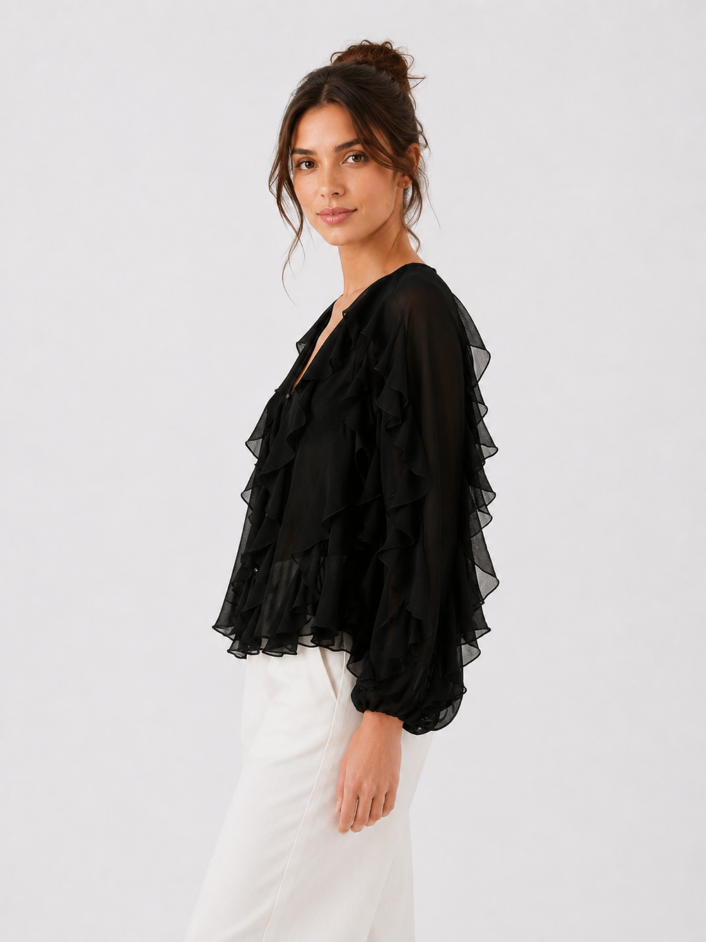 Women’s V-Neck Ruffle Blouse – Long Sleeve, Regular Fit
