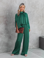 Women’s Wide-Leg Jumpsuit – Mock Neck with Split Cape Sleeves and Elasticated Waist