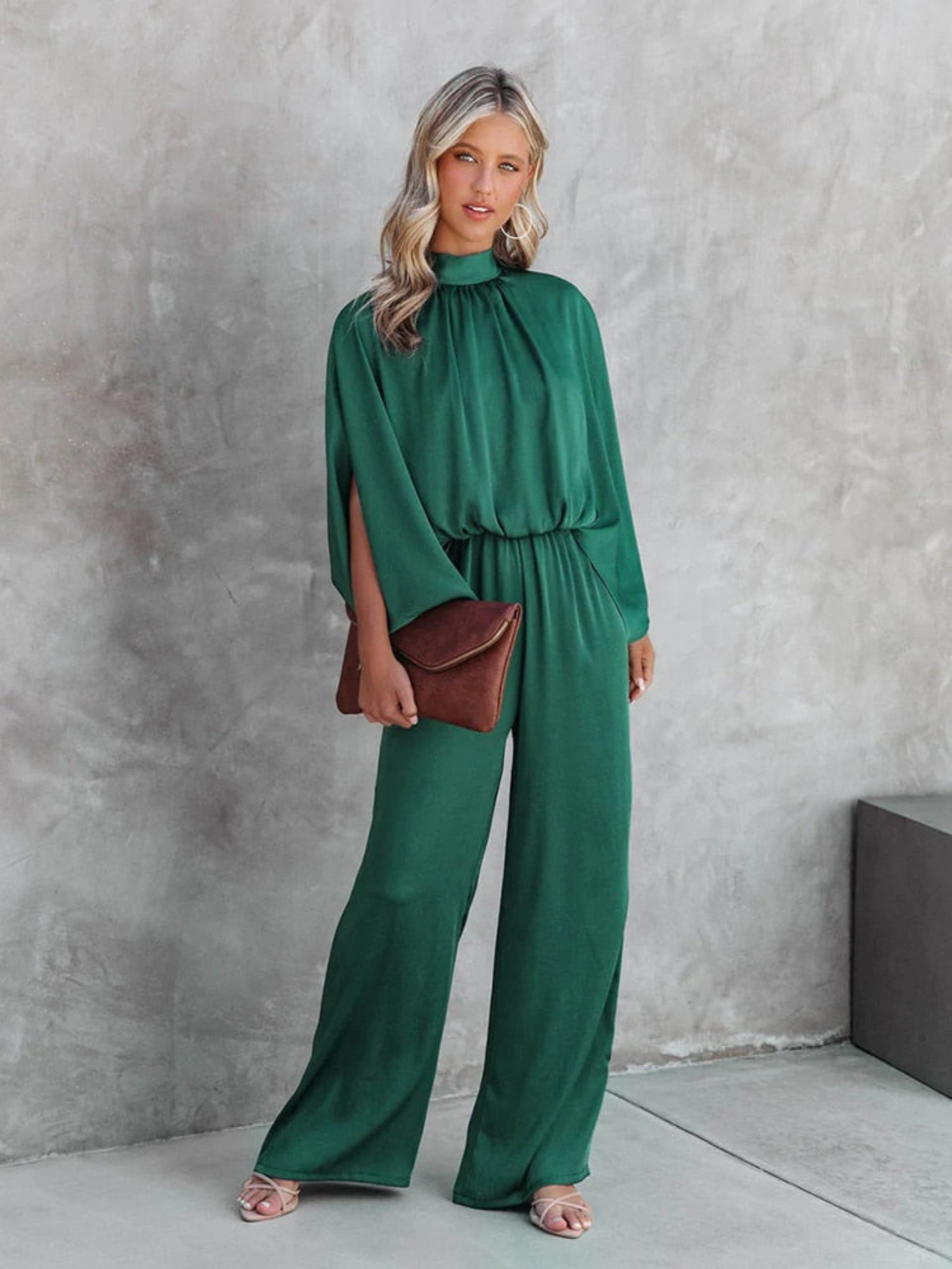 Women’s Wide-Leg Jumpsuit – Mock Neck with Split Cape Sleeves and Elasticated Waist