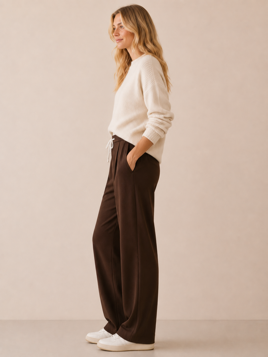 Women’s Wide-Leg Trousers – Full Length, Adjustable Drawstring Waist, Regular Fit