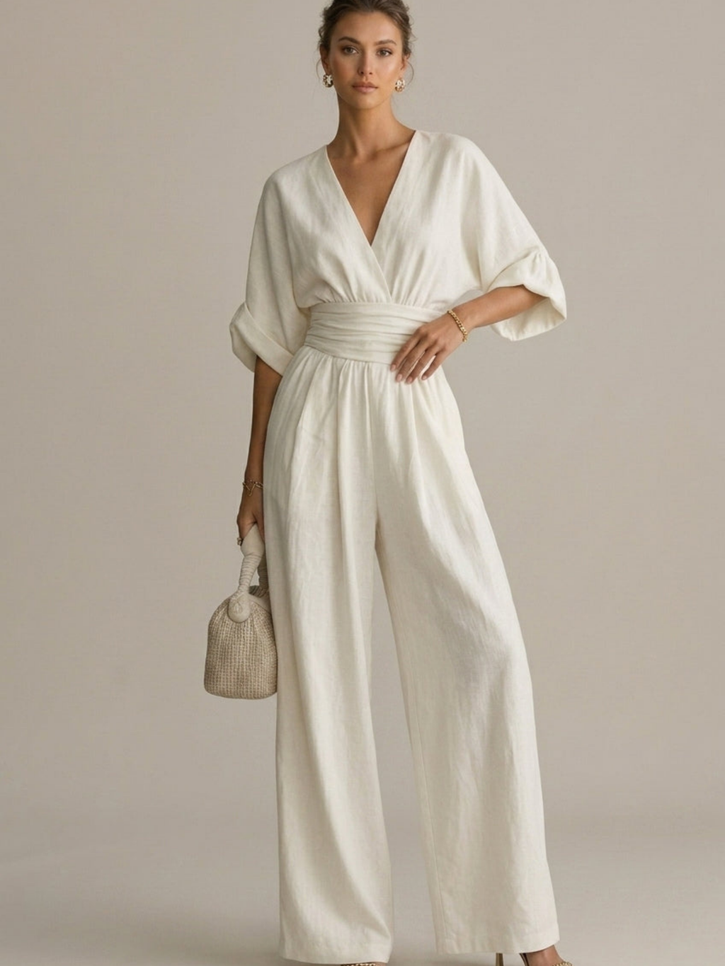 Women’s Wide-Leg Wrap Jumpsuit – V-Neck with Three-Quarter Sleeves