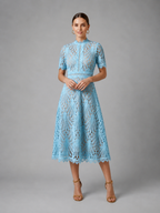 Elegant Lace Midi Dress – Refined High Neck A-Line Silhouette