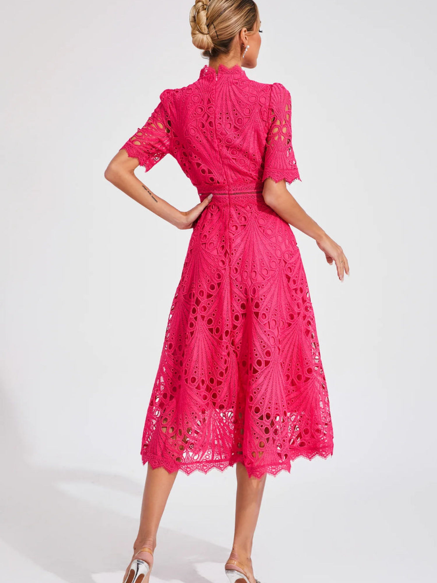 Women's Embroidered High Neck A-Line Midi Dress