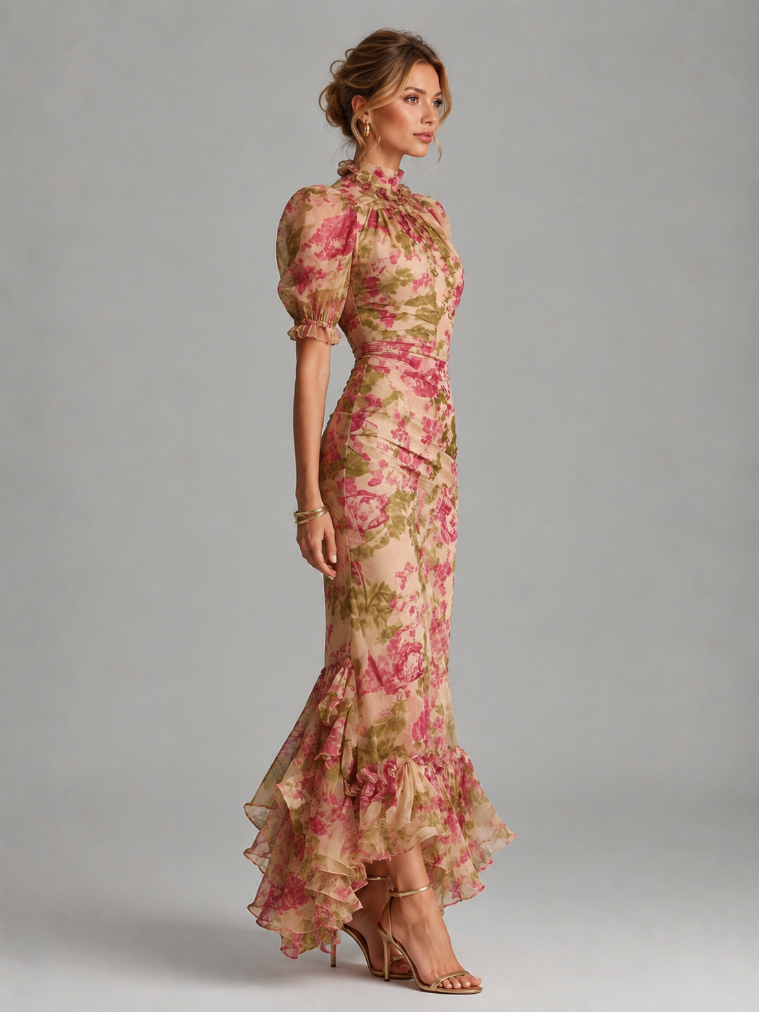 Women's Floral Chiffon Maxi Dress – Romantic Puff Sleeve Fishtail Elegance
