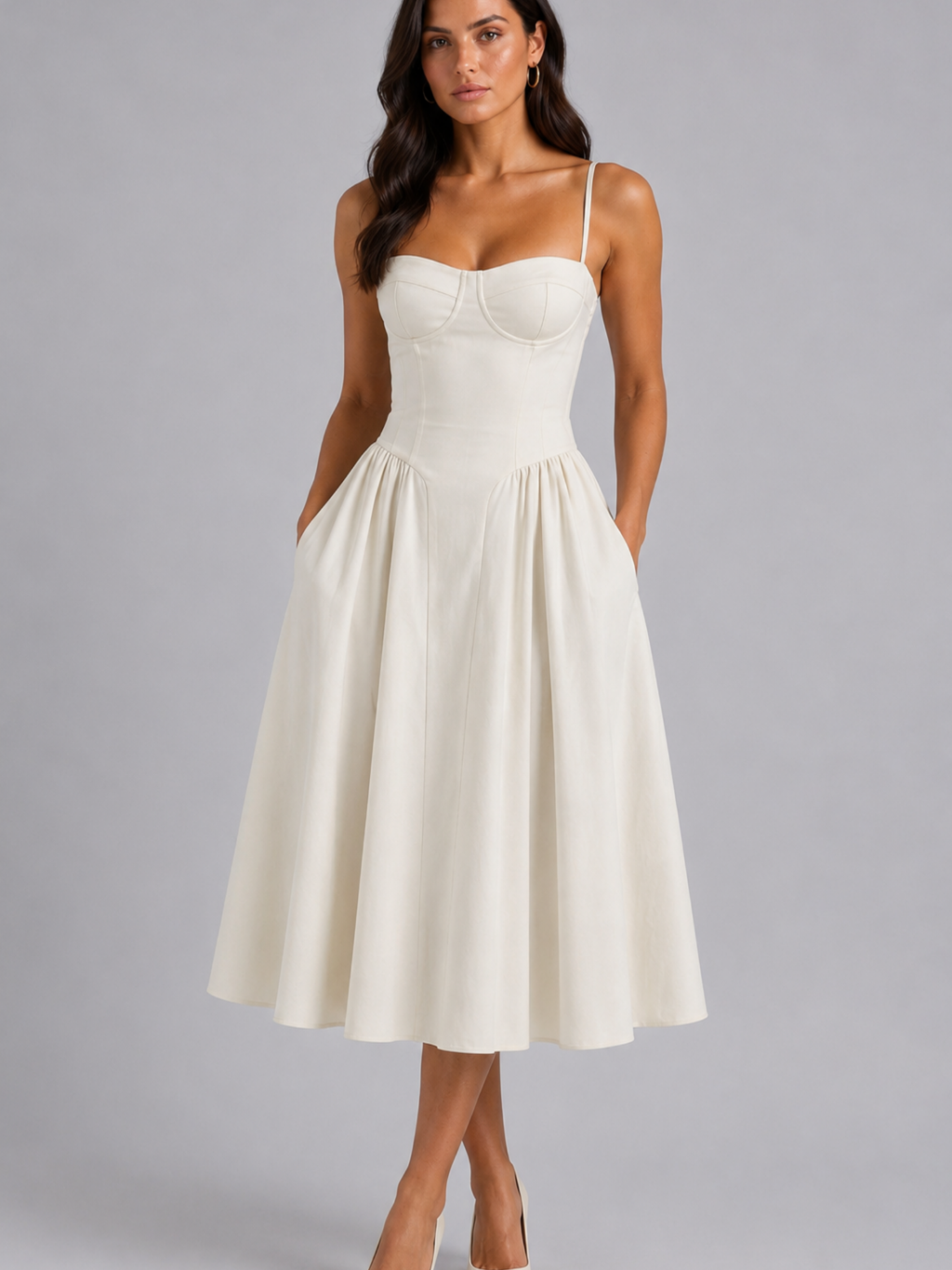 Floral Corset Midi Dress – Romantic Wedding Guest Elegance