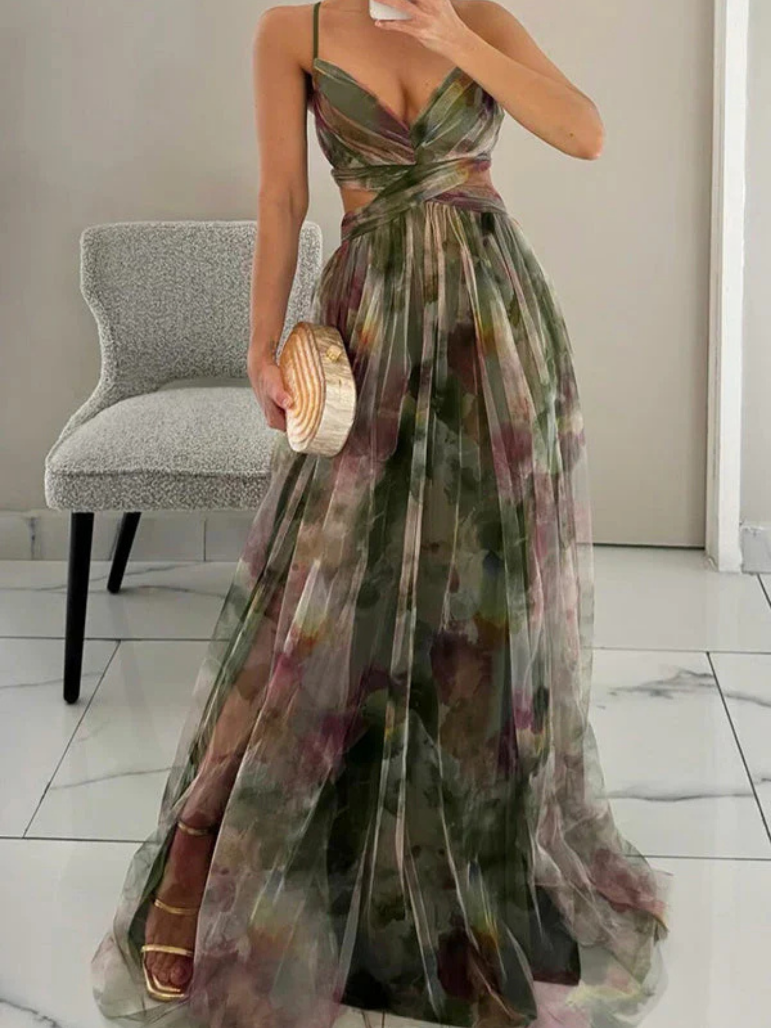 Women's Floral Print Maxi Dress with Adjustable Back