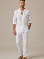 Men’s Lace-Up V-Neck Shirt & Wide-Leg Trouser Two-Piece Set