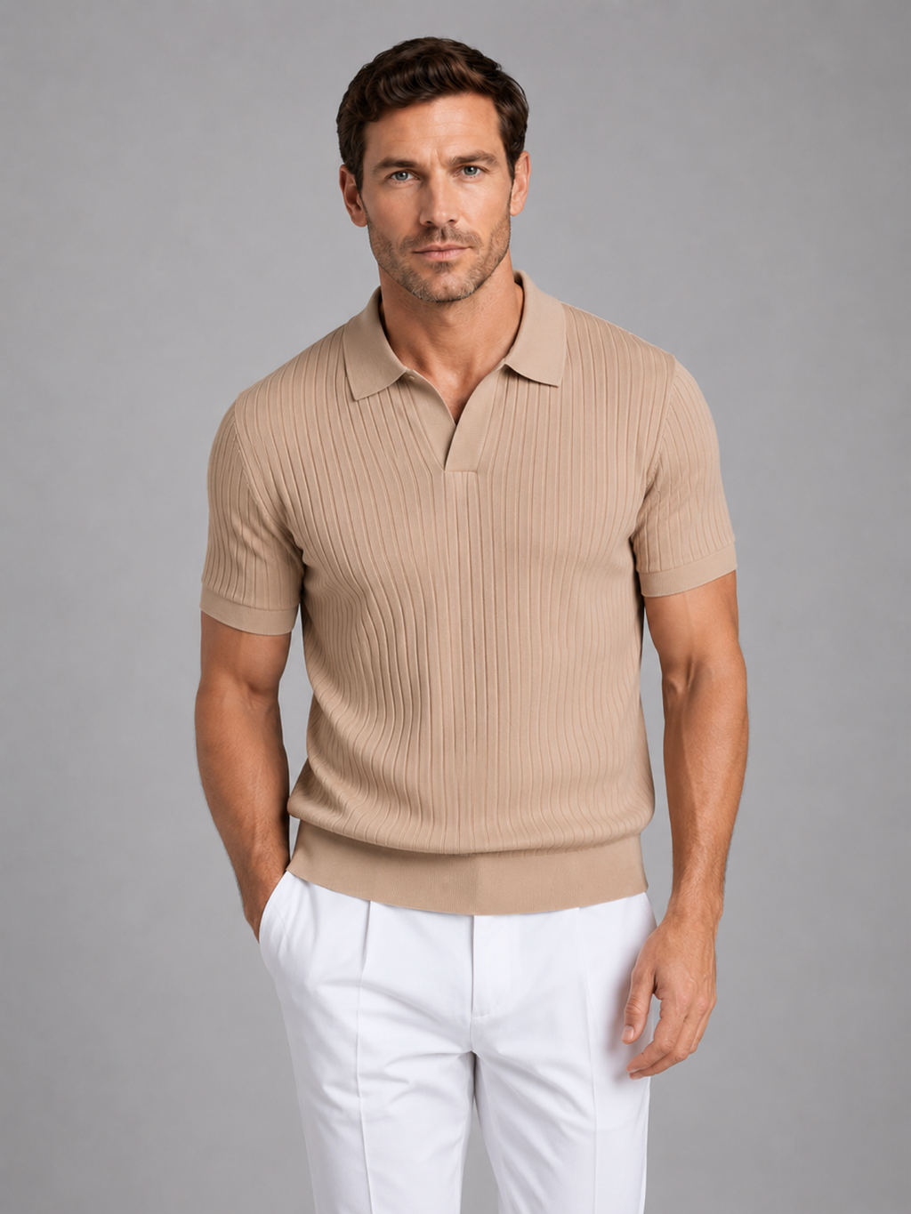 Men’s Ribbed Knit Polo Shirt – Tailored Short Sleeve Design