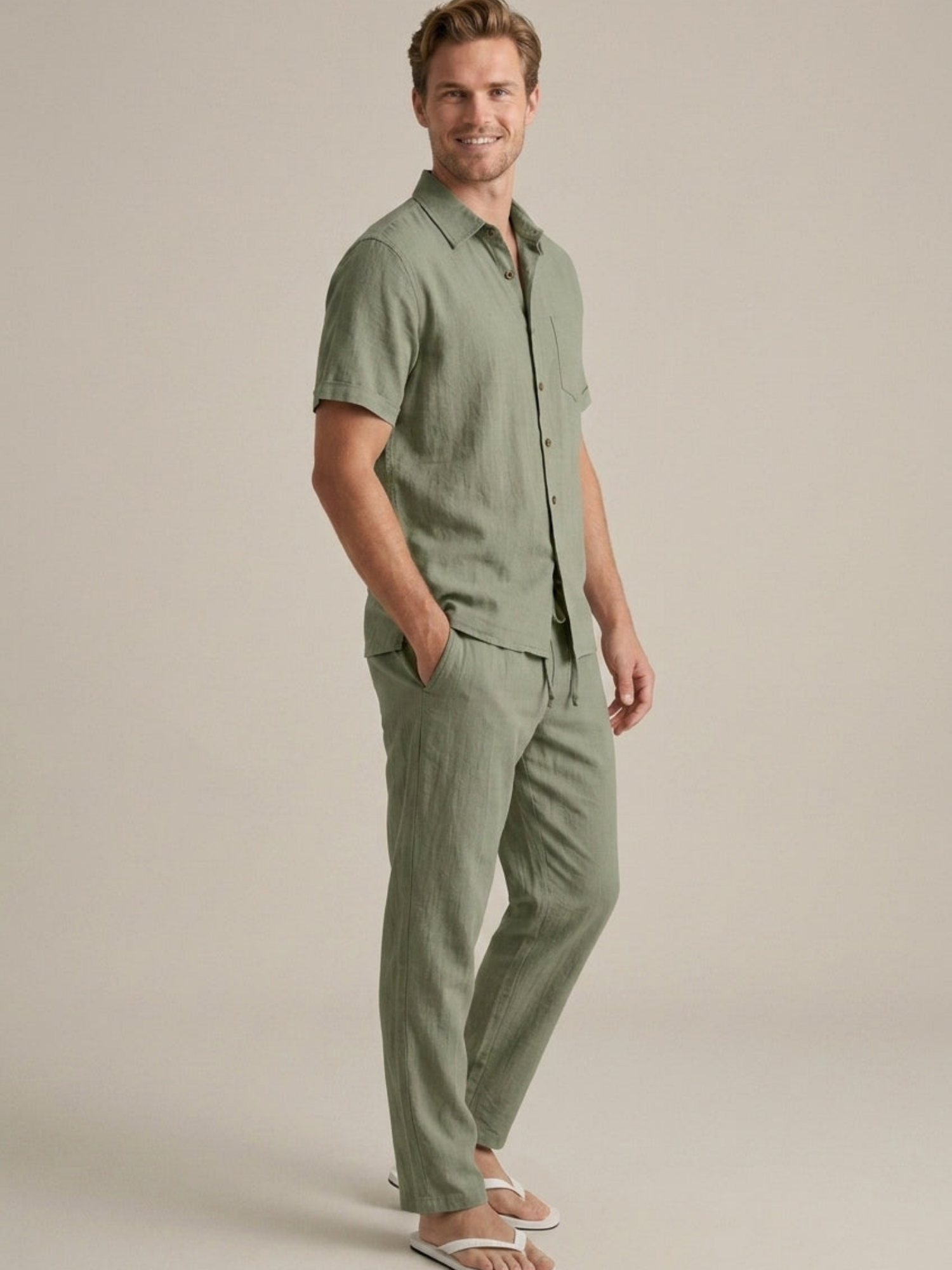 Men’s Short Sleeve Shirt & Long Trousers Two-Piece Set – Single Button Design