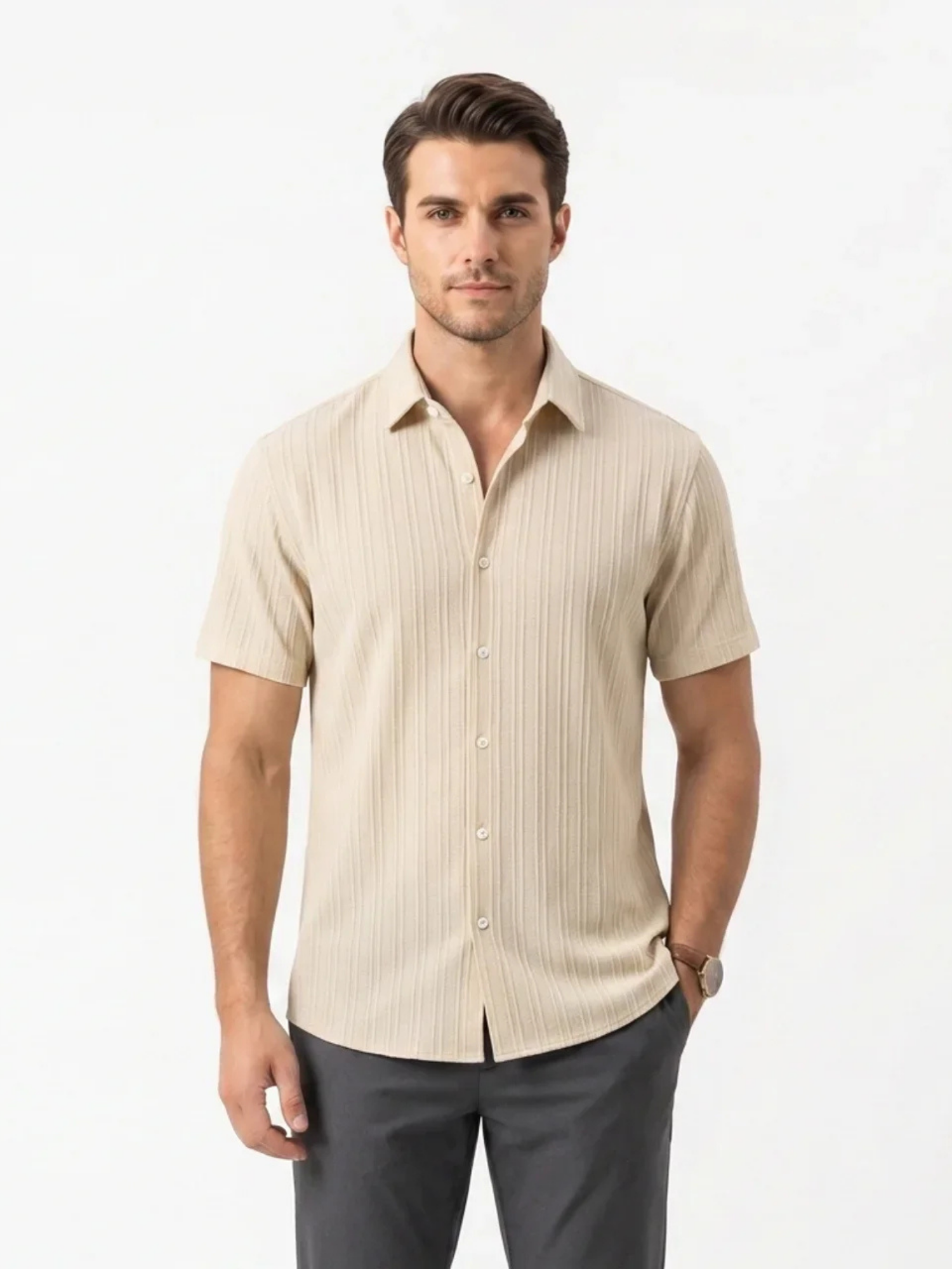 Men’s Short Sleeve Textured Button-Up Shirt – Slim Fit