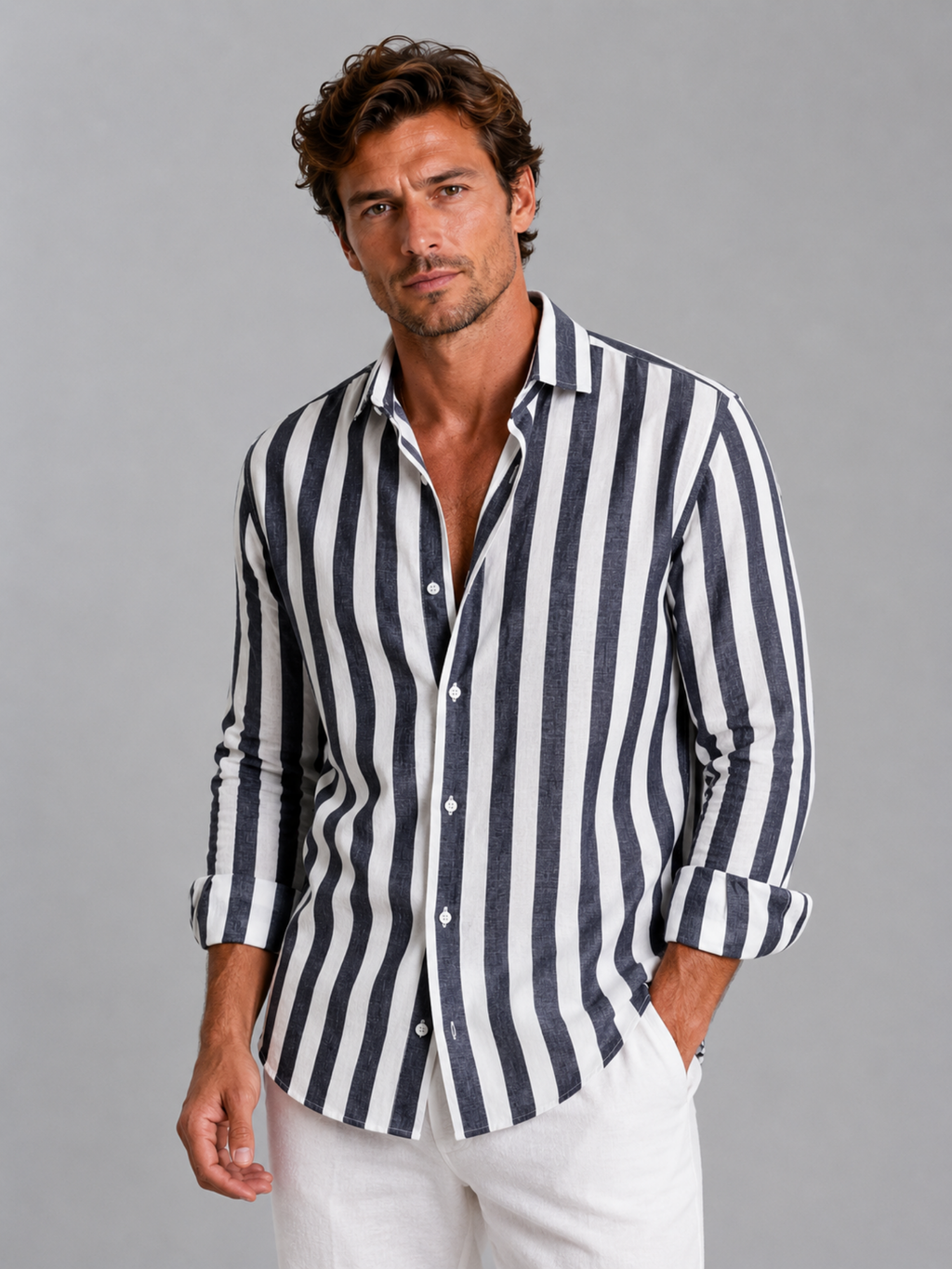 Men’s Striped Button-Up Shirt – Relaxed Summer Design