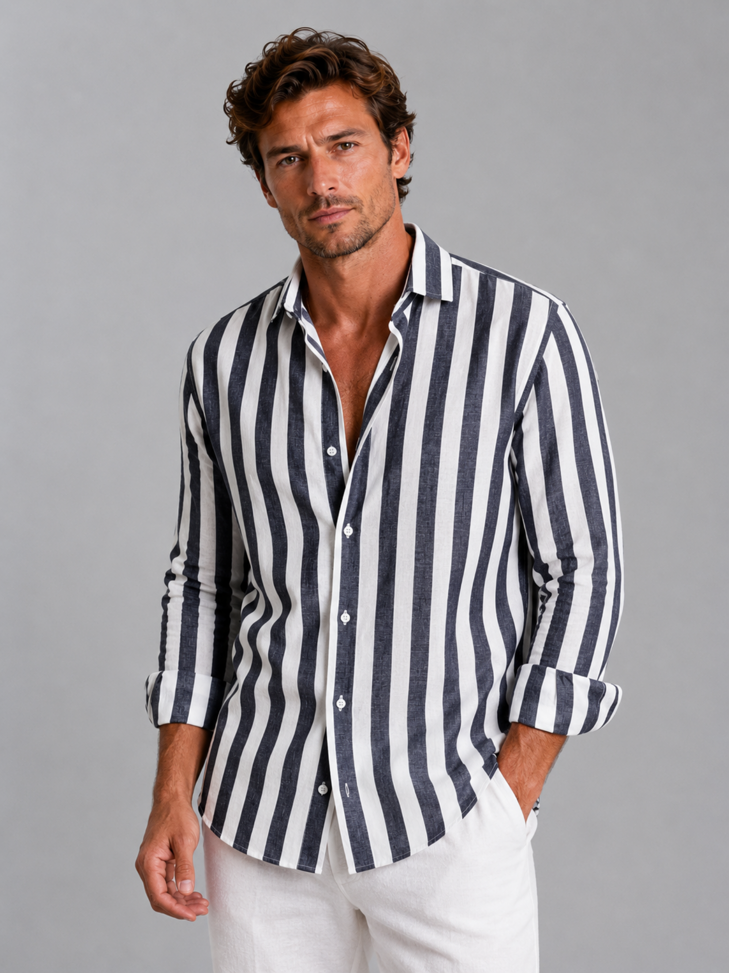 Men’s Striped Button-Up Shirt – Relaxed Summer Design