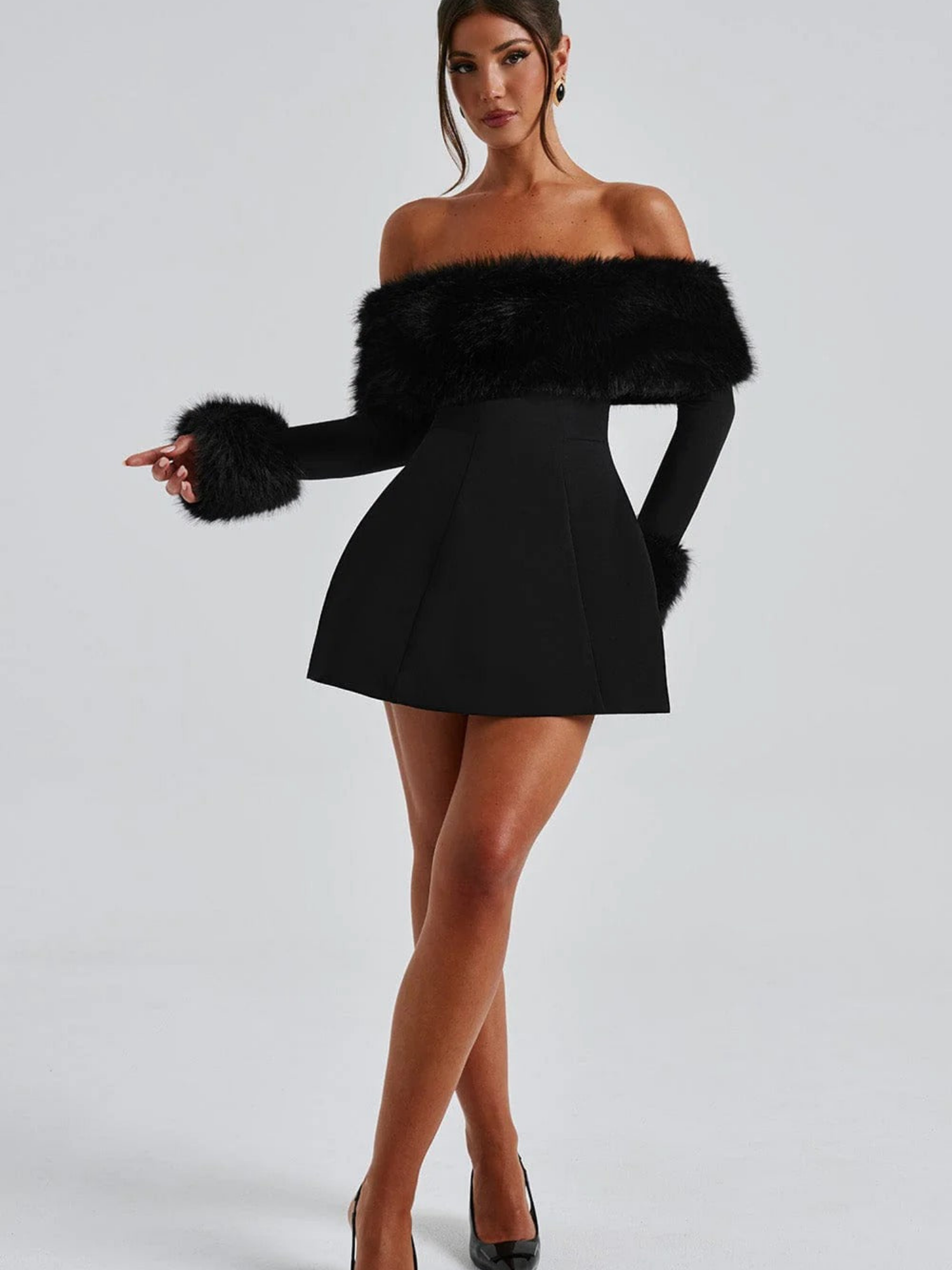 Women's Off-Shoulder Mini Dress with Faux Fur Trim