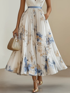 Women's Pleated Midi Dress with V-Neck and Abstract Print