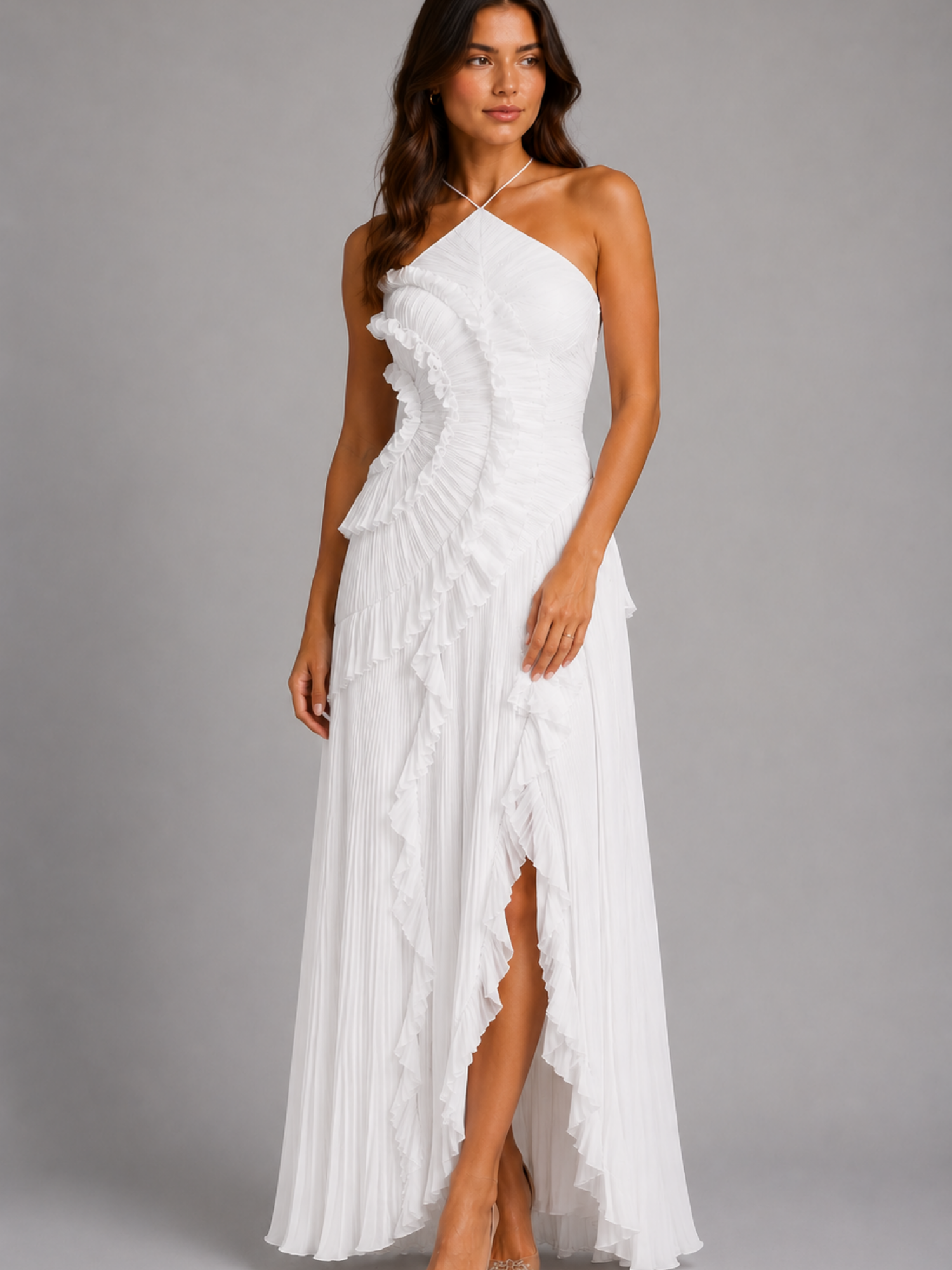 Women's Pleated Ruffle Halter Maxi Dress – Flowing Elegance for Special Occasions