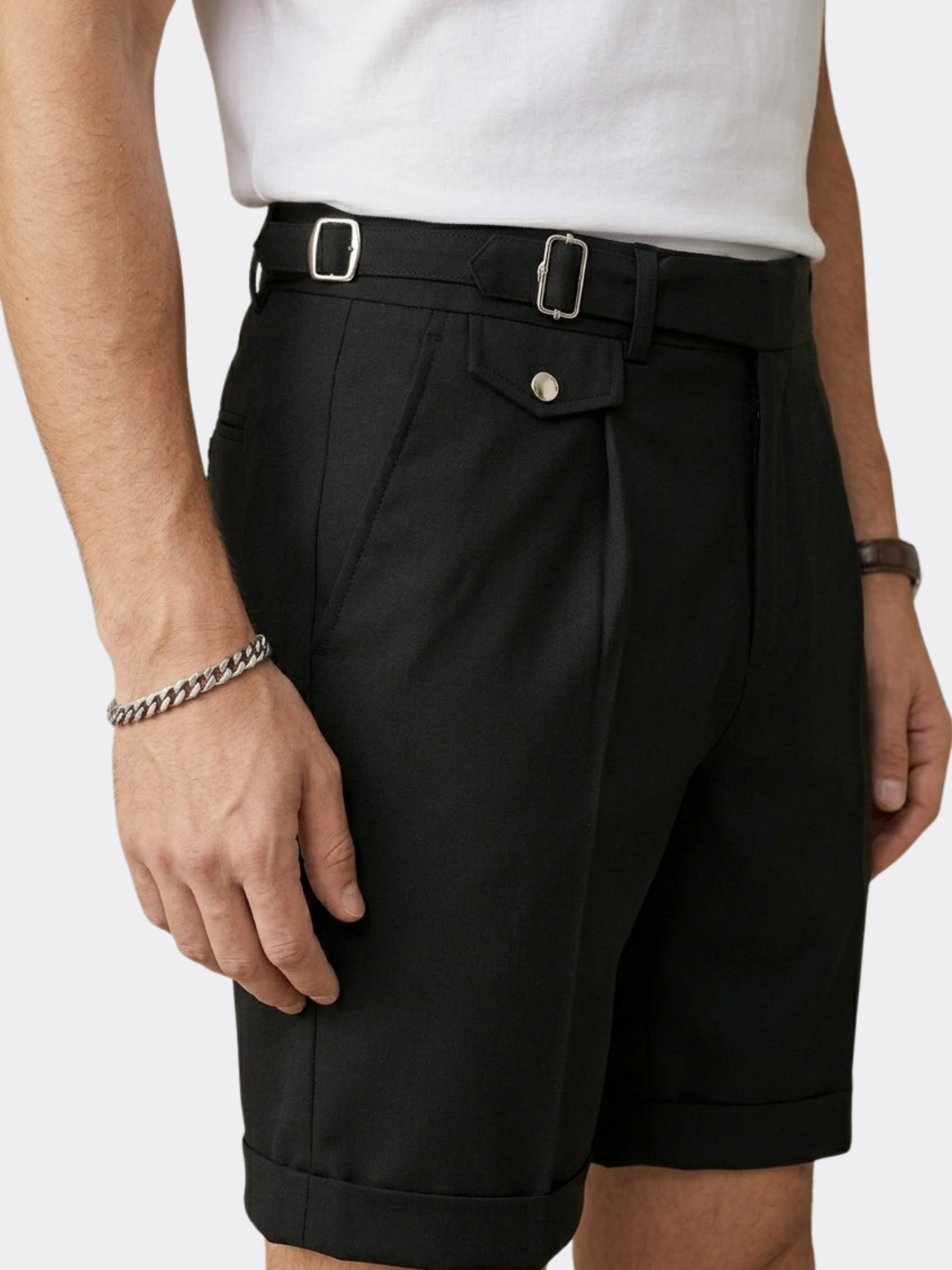 Men's Pleated Tailored Shorts with Side Buckles