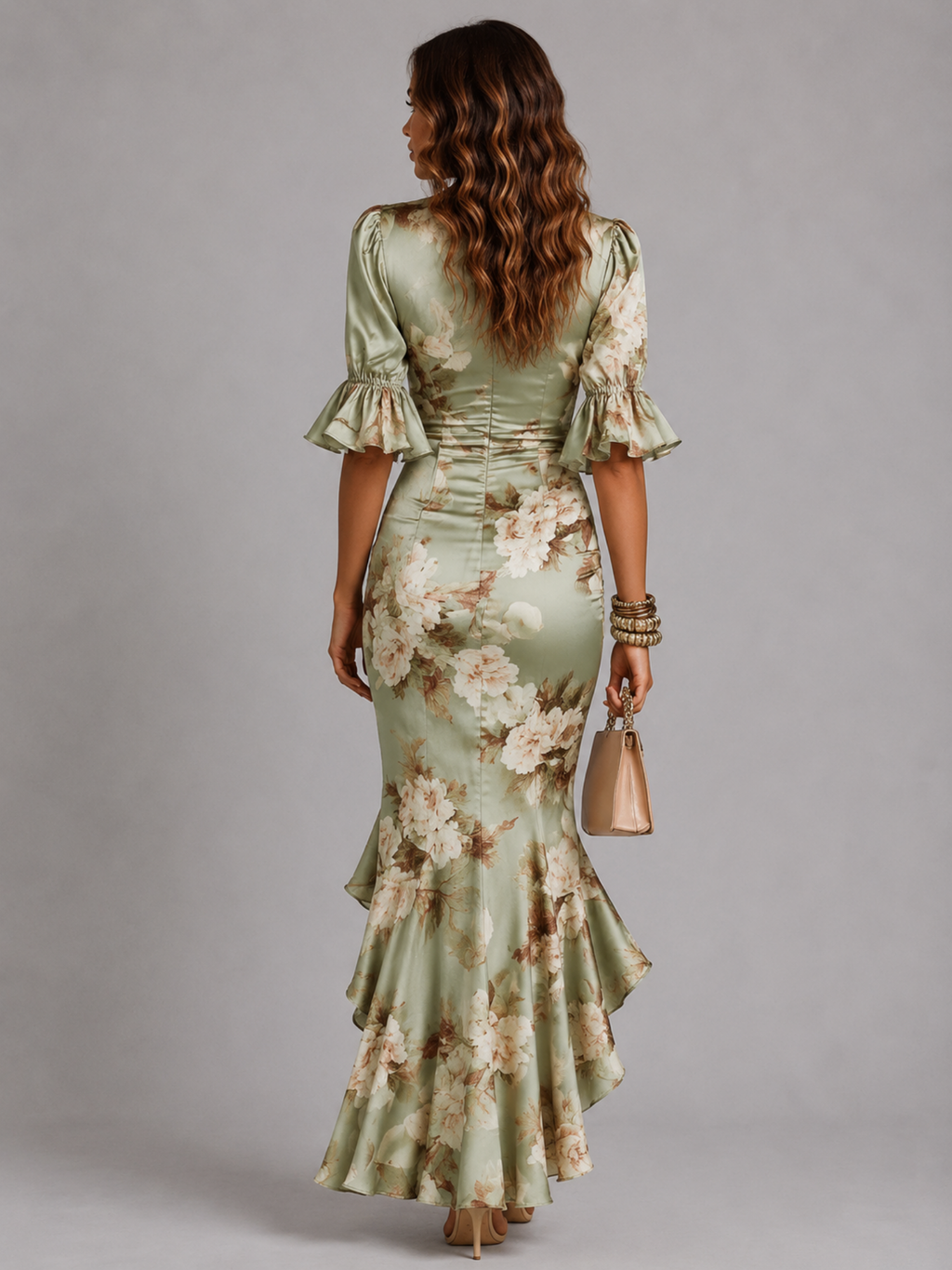 Satin Floral Maxi Dress – Graceful Movement & Sculpted Fit
