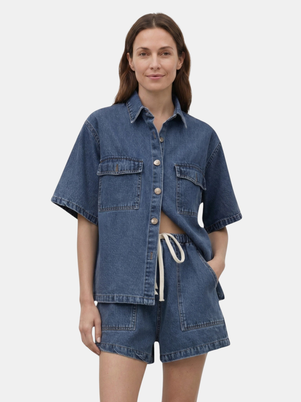 Women’s Denim Shirt and Drawstring Shorts Set
