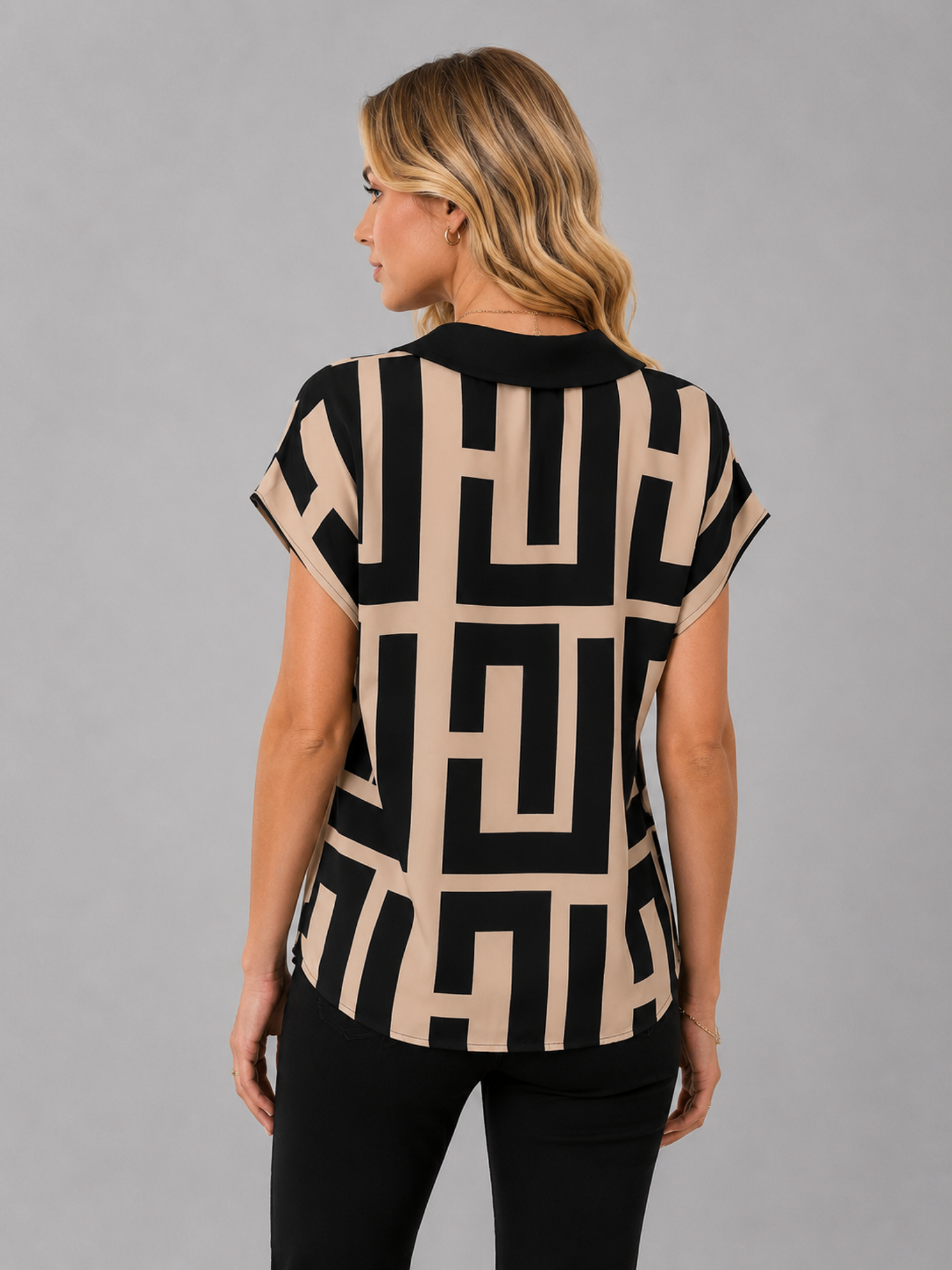 Women’s Geometric V-Neck Blouse – Modern Smart Casual Design