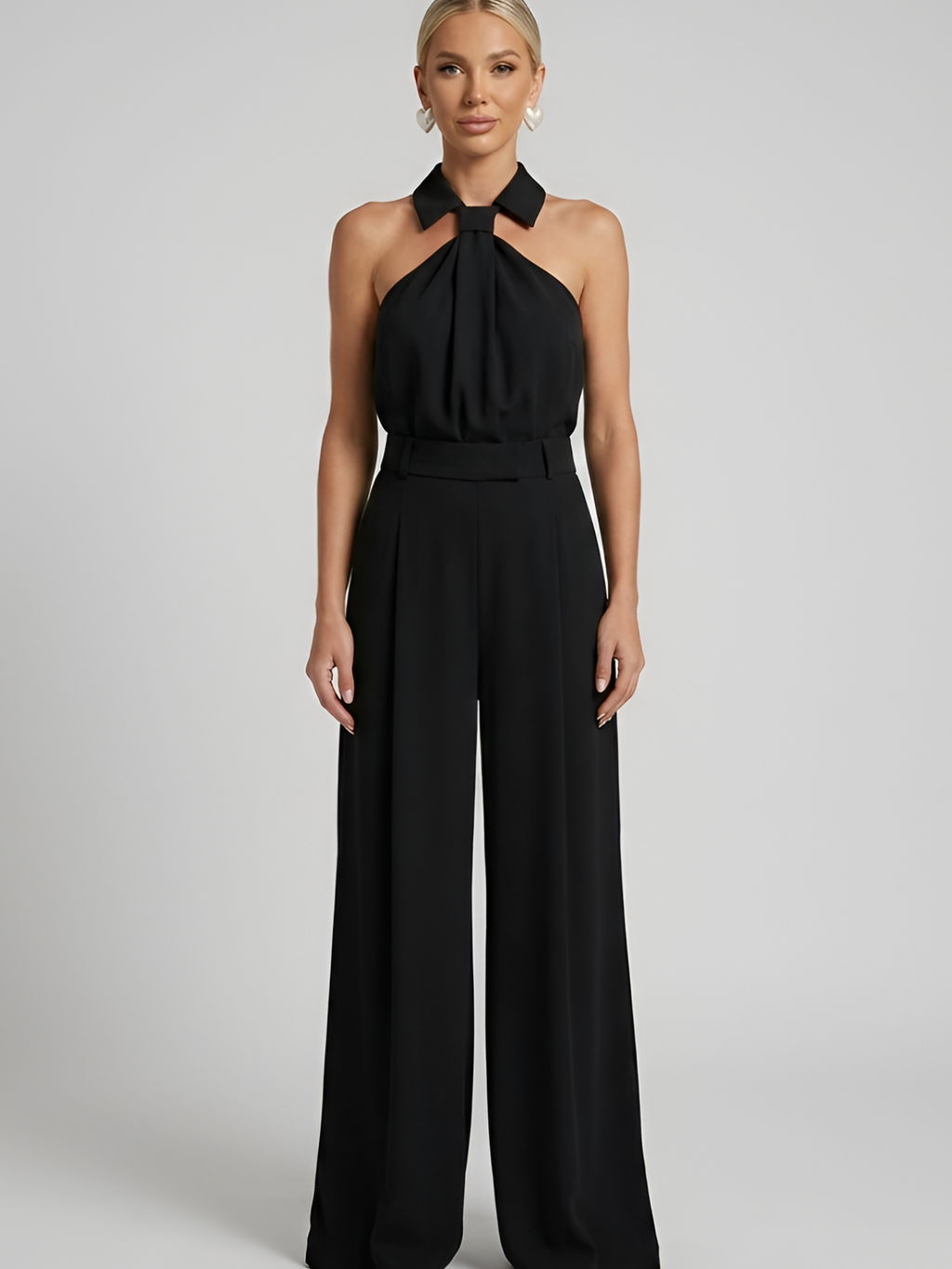 Women’s Halter Neck Wide-Leg Jumpsuit – Twist Front with Belted Waist