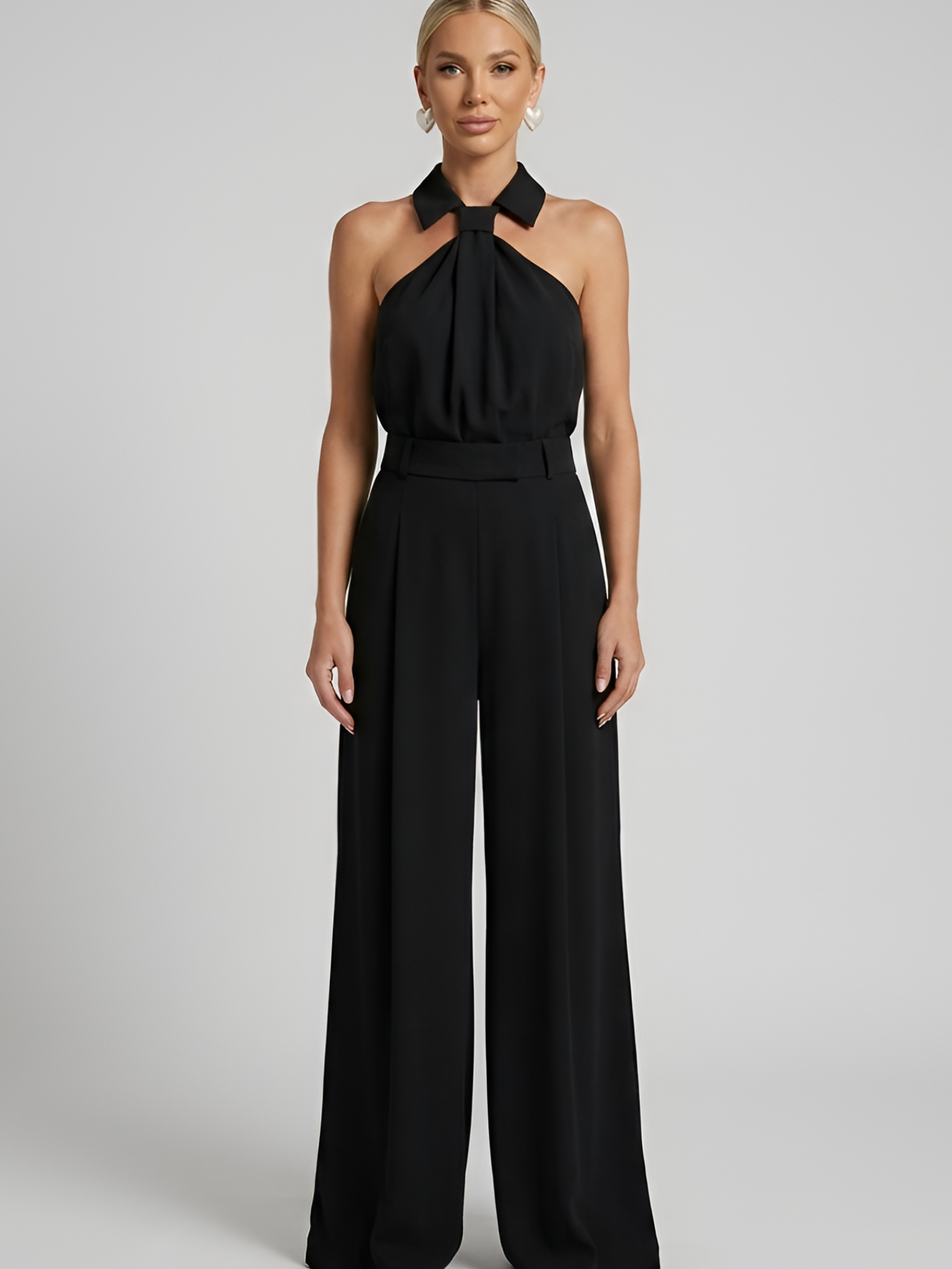 Women’s Halter Neck Wide-Leg Jumpsuit – Twist Front with Belted Waist