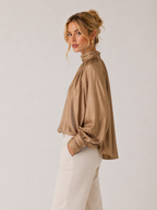Women’s High-Neck Blouse – Long Sleeve, Draped Front Detail, Structured Fit