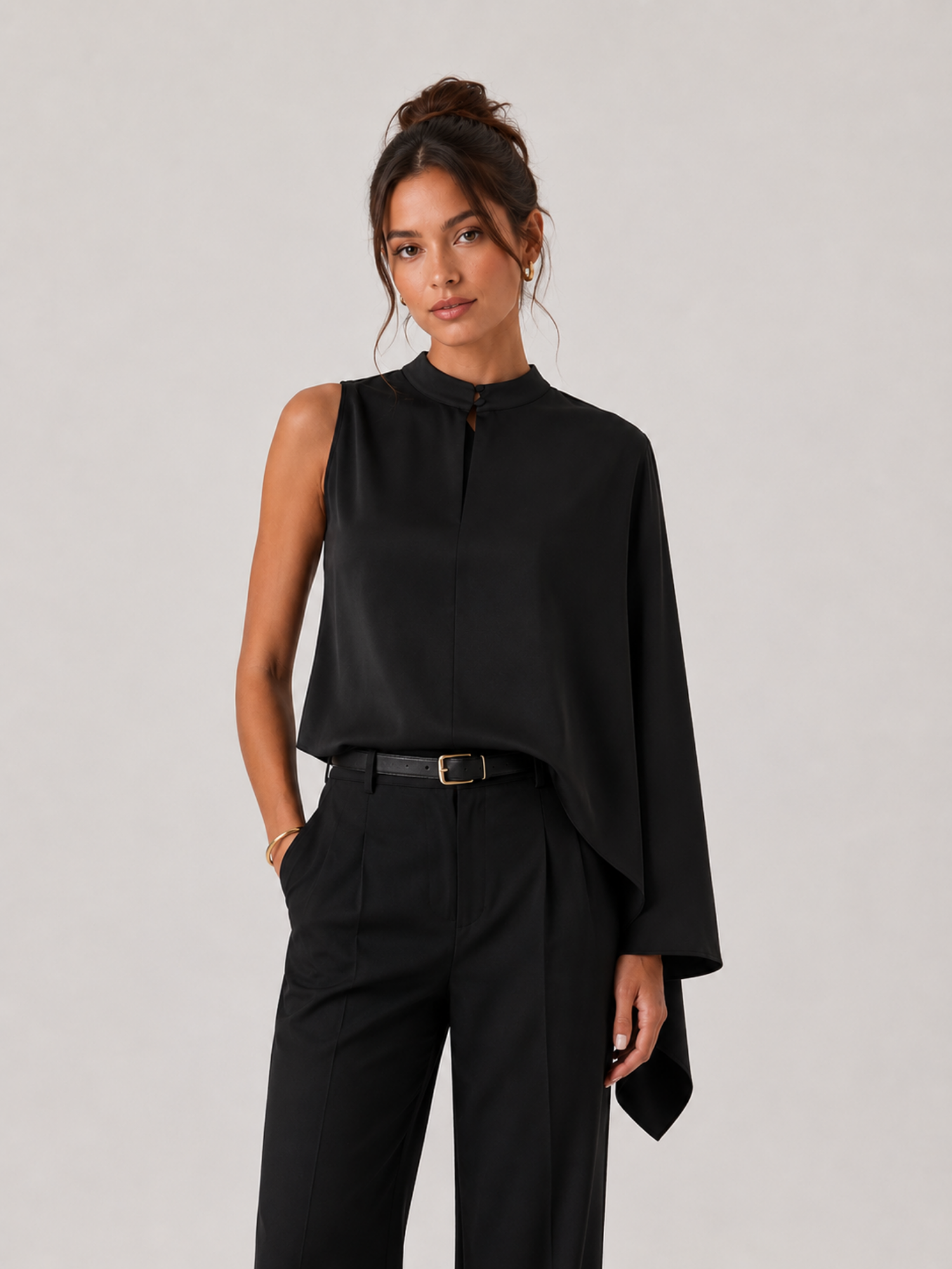 Women’s High-Neck Draped Top – Long Sleeve, Structured Fit