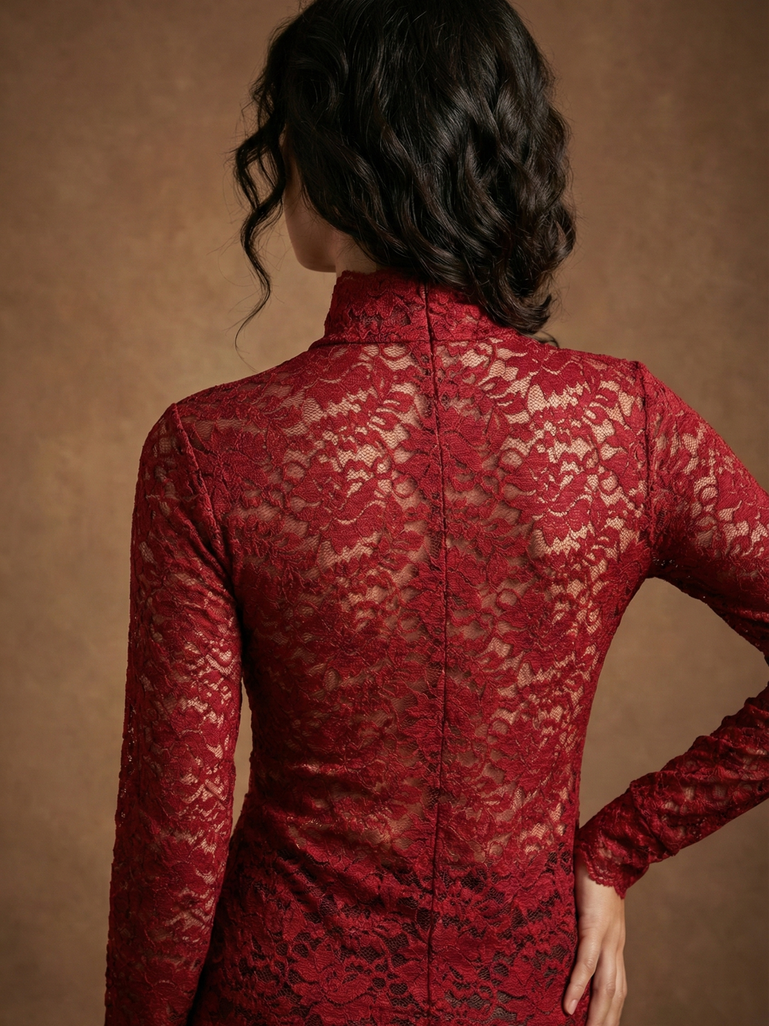 Women’s High-Neck Floral Lace Long-Sleeve Blouse