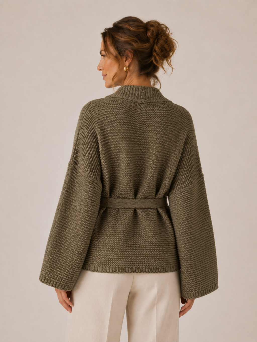 Women’s Knit Open-Front Cardigan – Self-Tie Belt, Long Sleeve, Relaxed Fit