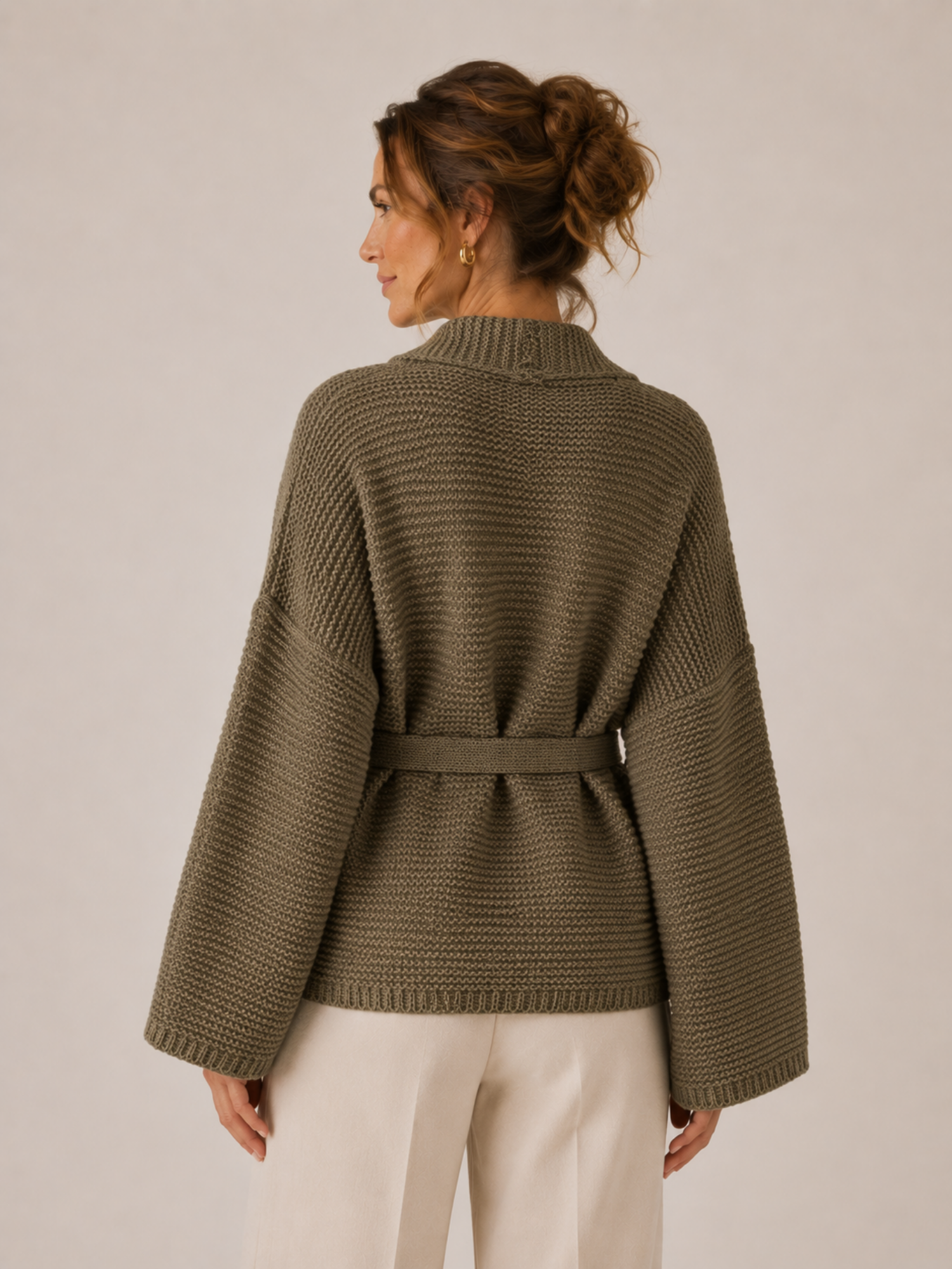 Women’s Knit Open-Front Cardigan – Self-Tie Belt, Long Sleeve, Relaxed Fit