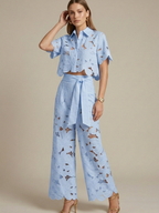 Women’s Lace Two-Piece Set – Cape Overlay Crop Top – Wide-Leg Trousers