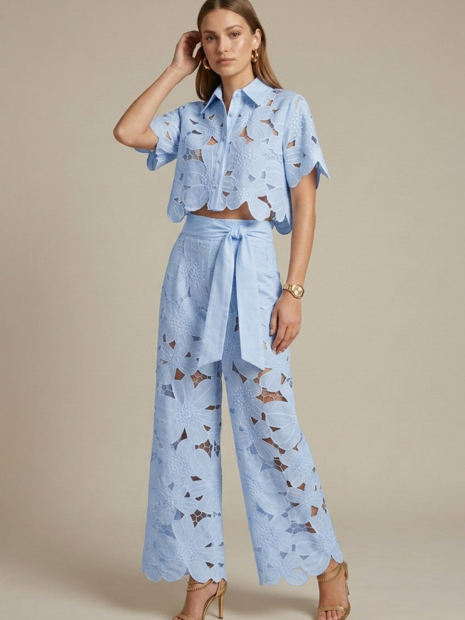 Women’s Lace Two-Piece Set – Cape Overlay Crop Top – Wide-Leg Trousers