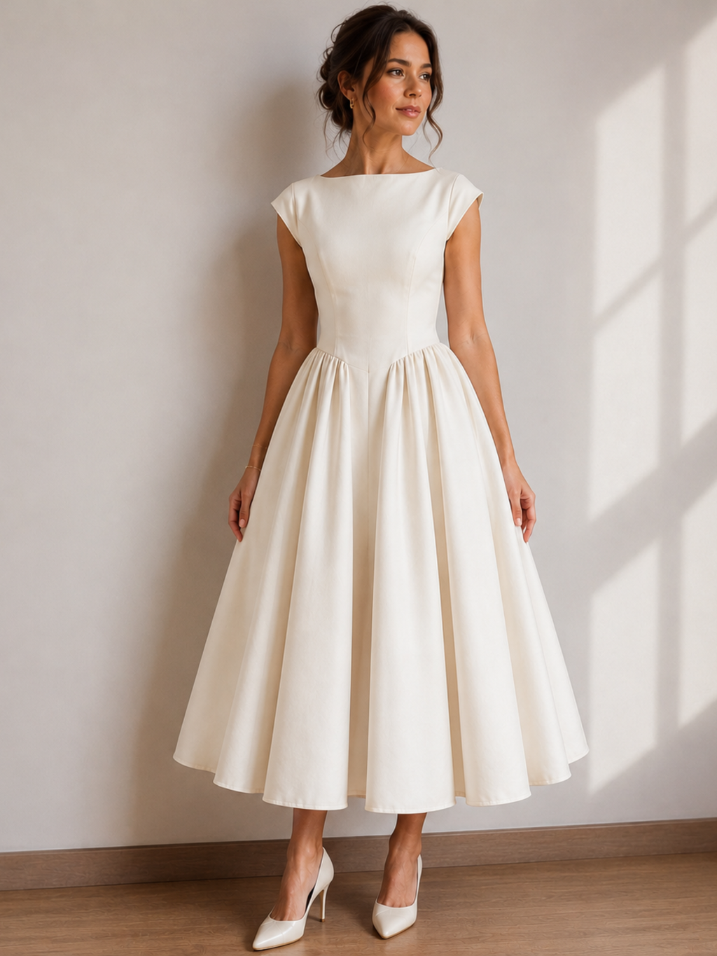 Women's Midi Dress with Cap Sleeves and Boat Neck