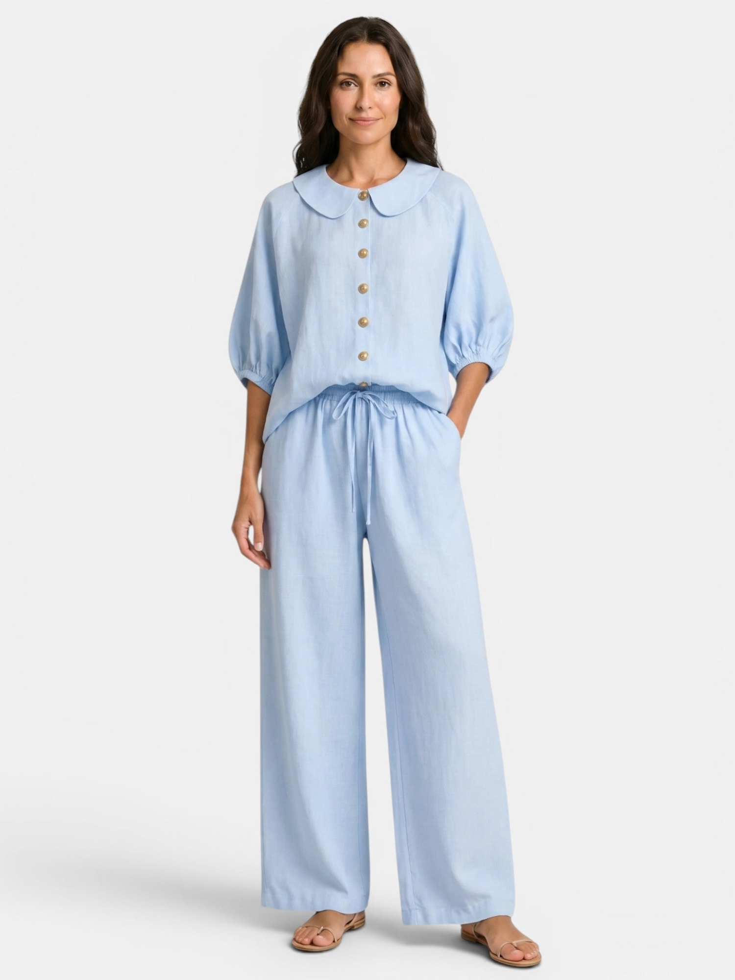 Women’s Peter Pan Collar Blouse and Wide-Leg Trousers Set