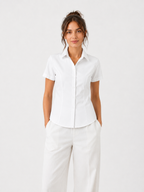 Women’s Short-Sleeve Button-Up Blouse – Slim Fit, Structured Design