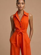 Women’s Sleeveless Wide-Leg Jumpsuit – Collar Neck – Button Front – Waist Tie