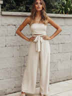 Women’s Strapless Bandeau Two-Piece Set – High-Waist Wide-Leg Trousers with Self-Tie Detail