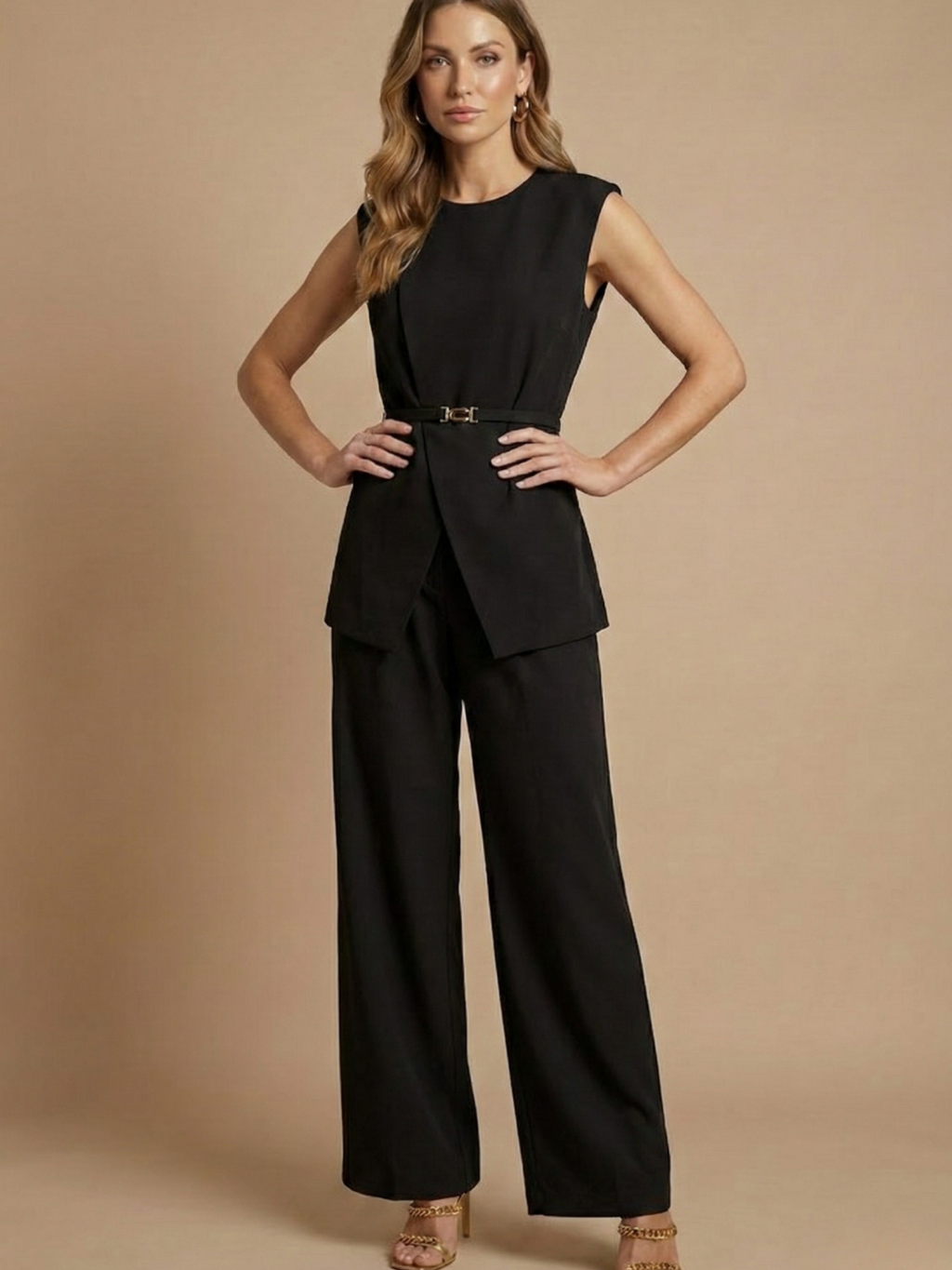 Women’s Structured Sleeveless Two-Piece Set – Wide-Leg Trousers Co-Ord